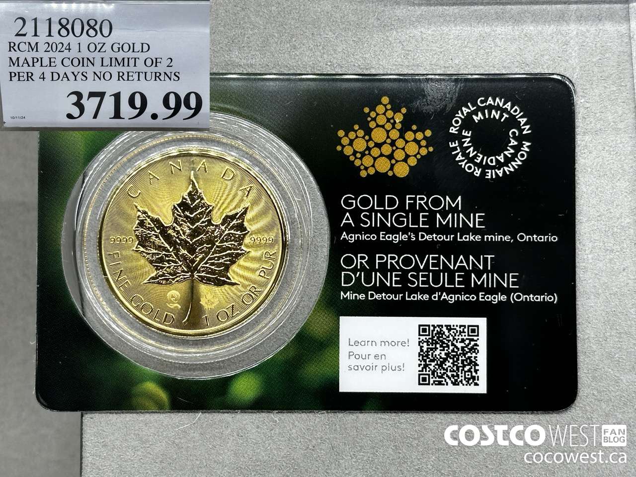 2118080 RCM 2024 1 OZ GOLD. MAPLE COIN LIMIT OF 2 PER 4 DAYS NO RETURNS $3719.99