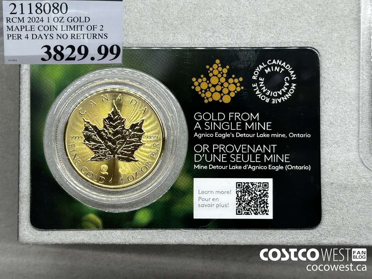 2118080 RCM 2024 1 OZ GOLD. MAPLE COIN LIMIT OF 2 PER 4 DAYS NO RETURNS $3829.99