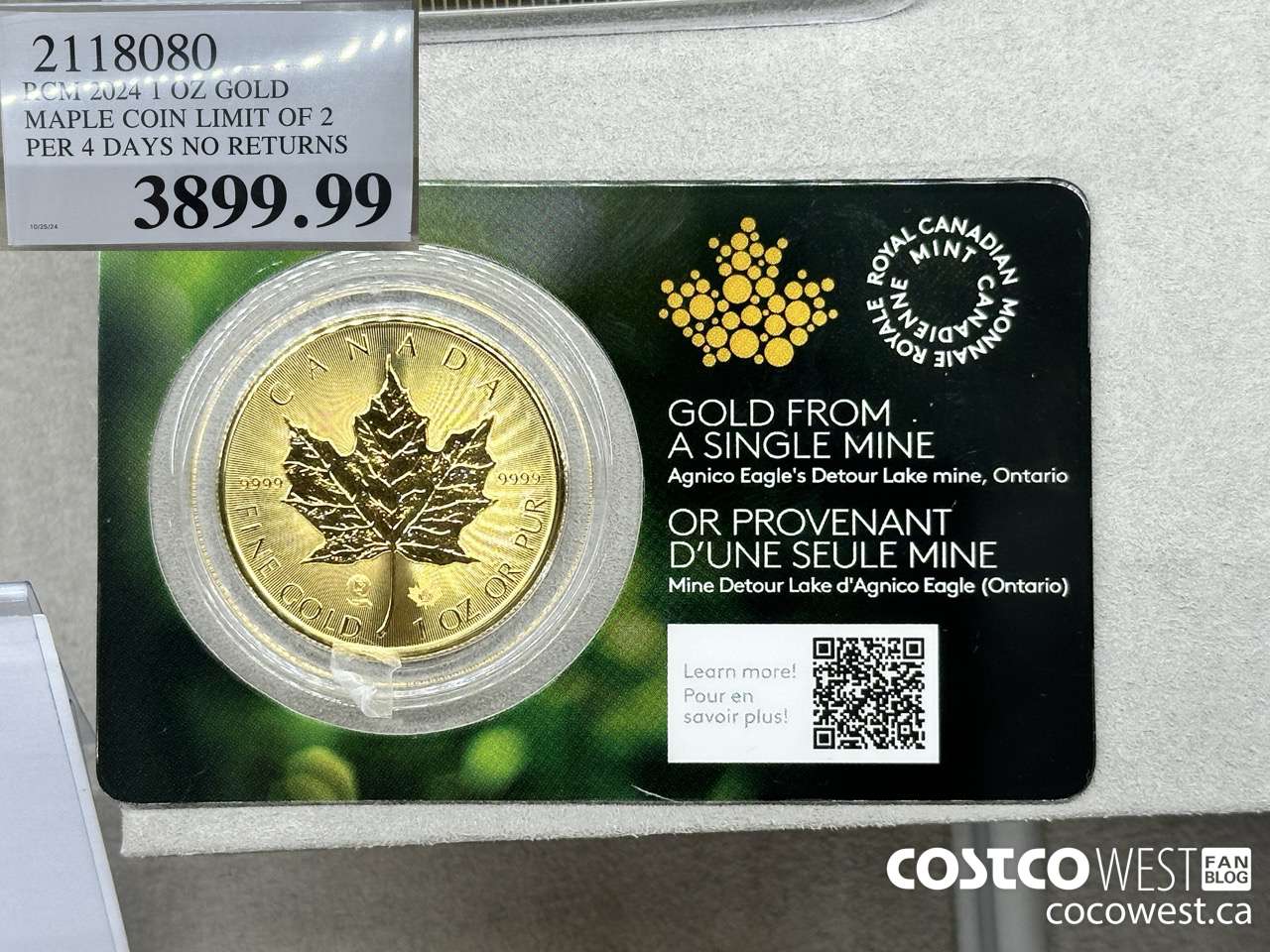2118080 RCM 2024 1 OZ GOLD. MAPLE COIN LIMIT OF 2 PER 4 DAYS NO RETURNS $3899.99