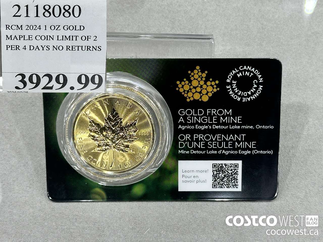 2118080 RCM 2024 1 OZ GOLD. MAPLE COIN LIMIT OF 2 PER 4 DAYS NO RETURNS $3929.99