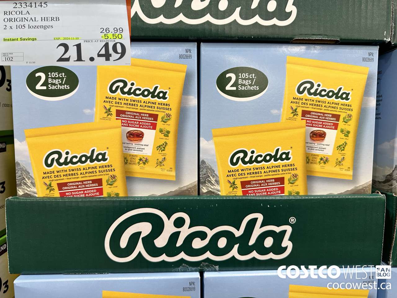 2334145 RICOLA ORIGINAL HERB 2 X 105 LOZENGES ($5.50 INSTANT SAVINGS EXPIRES ON 2024-11-10) $21.49
