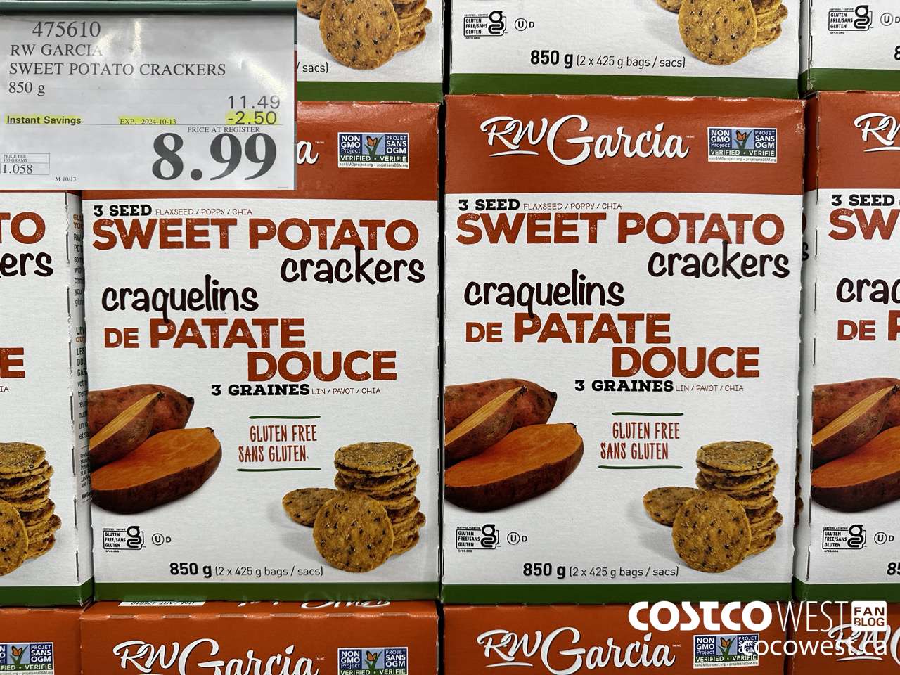 475610 RW GARCIA SWEET POTATO CRACKERS 850 g ($2.50 INSTANT SAVINGS EXPIRES ON 2024-10-13) $8.99