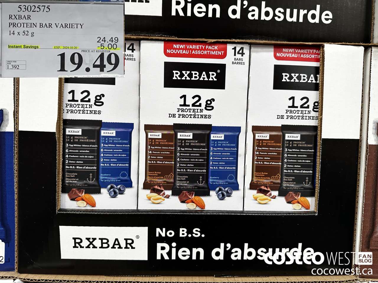 5302575 RXBAR PROTEIN BAR VARIETY 14 X 52G ($5.00 INSTANT SAVINGS EXPIRES ON 2024-10-20) $19.49