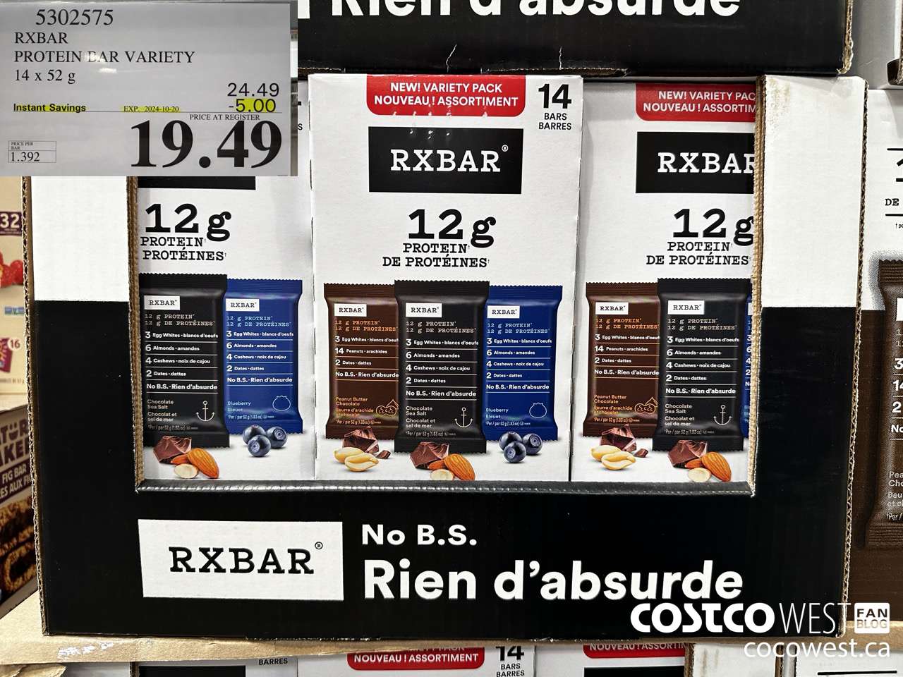5302575 RXBAR PROTEIN BAR VARIETY 14 X 52G ($5.00 INSTANT SAVINGS EXPIRES ON 2024-10-20) $19.49