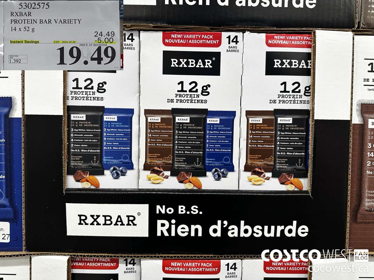 5302575 RXBAR PROTEIN BAR VARIETY 14 X 52G ($5.00 INSTANT SAVINGS EXPIRES ON 2024-10-20) $19.49
