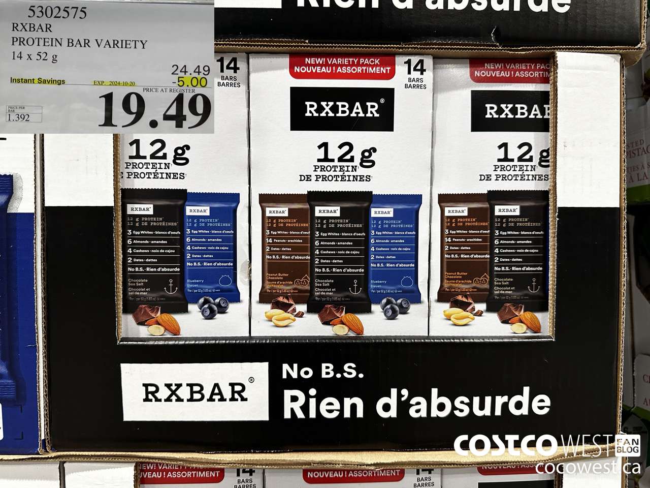 5302575 RXBAR PROTEIN BAR VARIETY 14 X 52G ($5.00 INSTANT SAVINGS EXPIRES ON 2024-10-20) $19.49