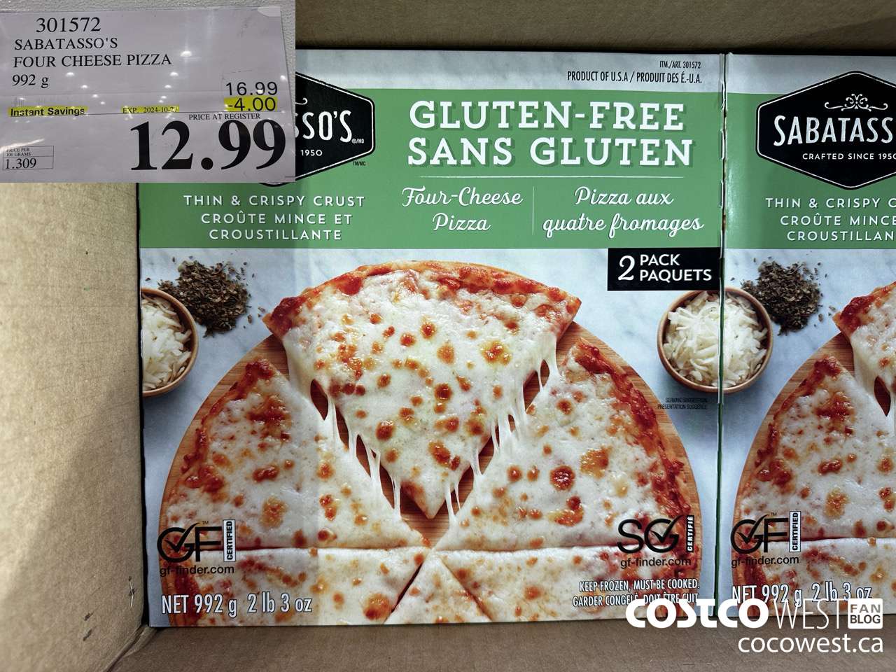 301572 SABATASSO'S GLUTEN-FREE CHEESE PIZZA 2 X 496 G ($4.00 INSTANT SAVINGS EXPIRES ON 2024-10-27) $12.99