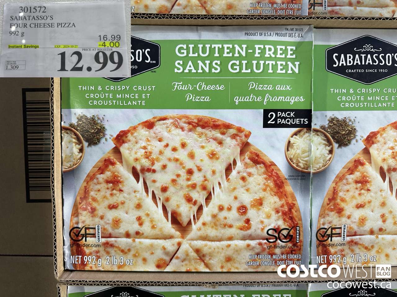301572 SABATASSO'S GLUTEN-FREE CHEESE PIZZA 2 X 496 G ($4.00 INSTANT SAVINGS EXPIRES ON 2024-10-27) $12.99
