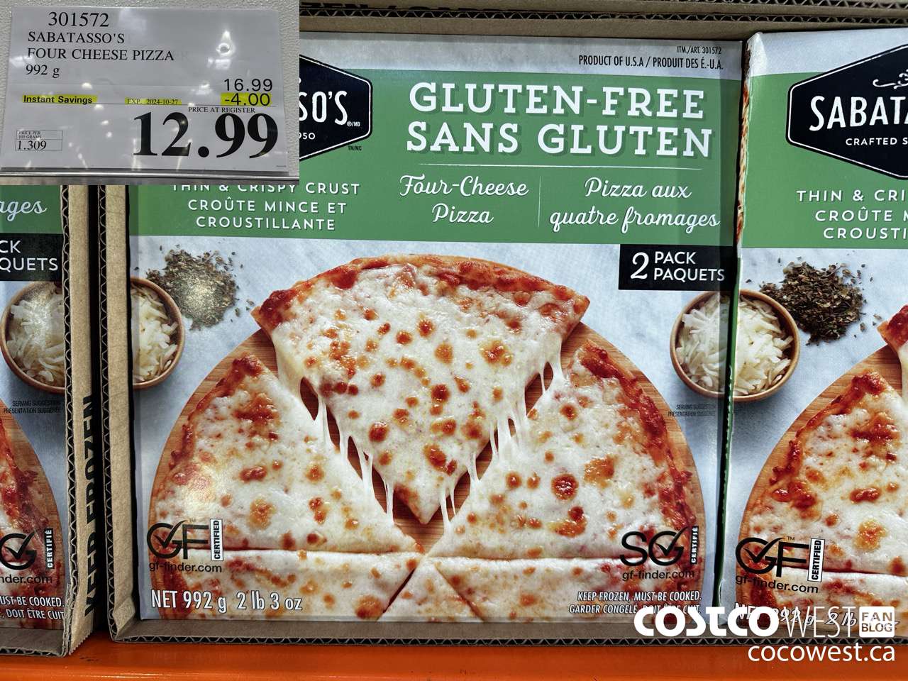 301572 SABATASSO'S GLUTEN-FREE CHEESE PIZZA 2 X 496 G ($4.00 INSTANT SAVINGS EXPIRES ON 2024-10-27) $12.99