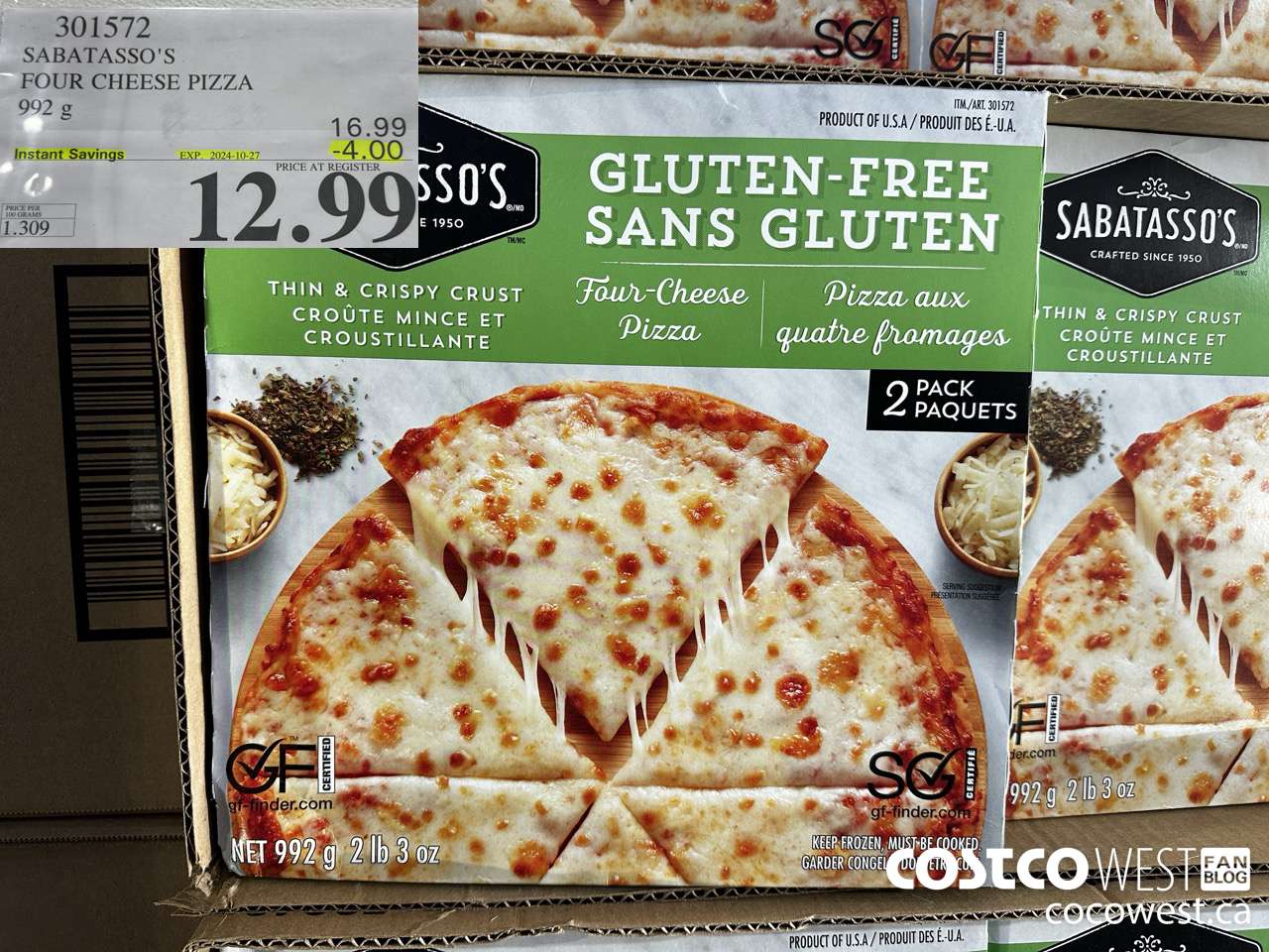 301572 SABATASSO'S GLUTEN-FREE CHEESE PIZZA 2 X 496 G ($4.00 INSTANT SAVINGS EXPIRES ON 2024-10-27) $12.99
