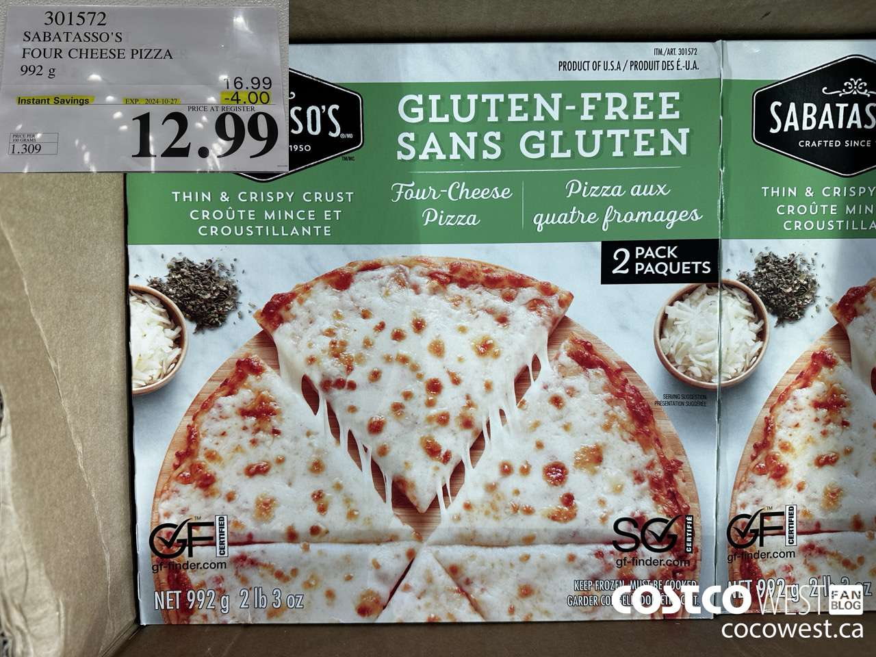 301572 SABATASSO'S GLUTEN-FREE CHEESE PIZZA 2 X 496 G ($4.00 INSTANT SAVINGS EXPIRES ON 2024-10-27) $12.99