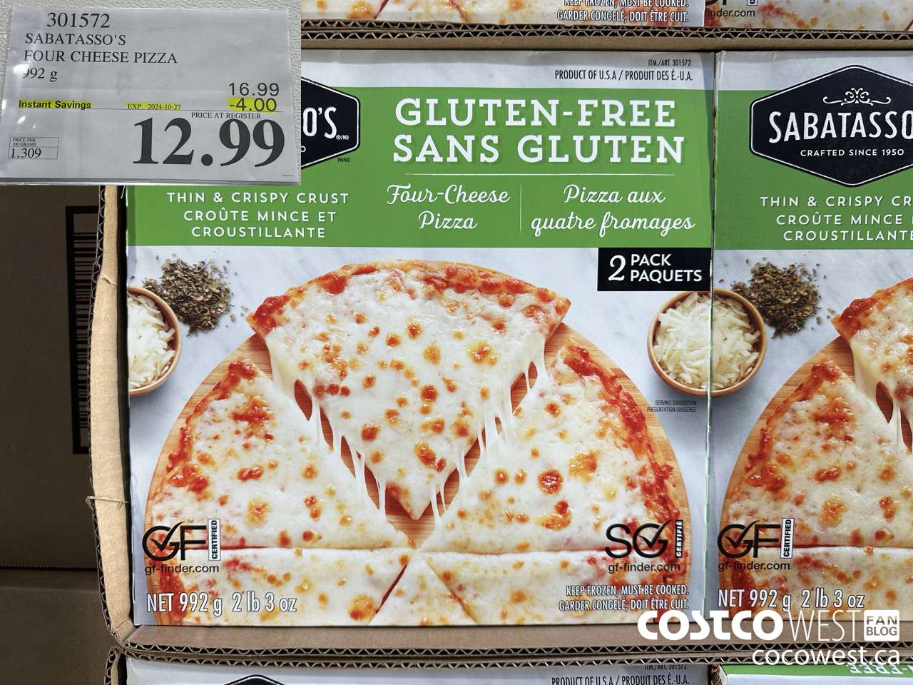 301572 SABATASSO'S GLUTEN-FREE CHEESE PIZZA 2 X 496 G ($4.00 INSTANT SAVINGS EXPIRES ON 2024-10-27) $12.99