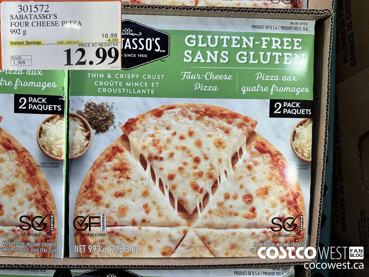 301572 SABATASSO'S GLUTEN-FREE CHEESE PIZZA 2 X 496 G ($4.00 INSTANT SAVINGS EXPIRES ON 2024-10-27) $12.99