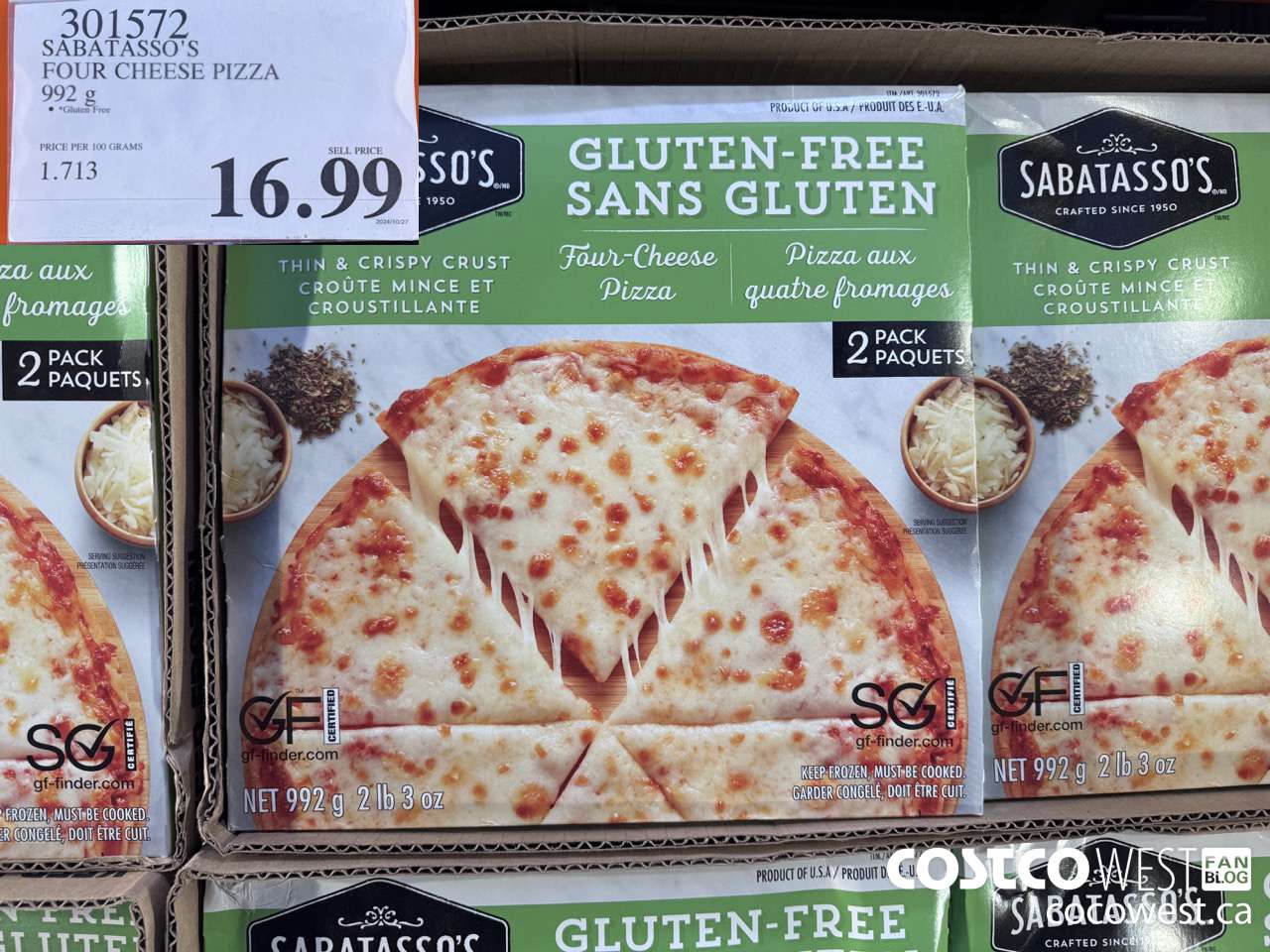 301572 SABATASSO'S GLUTEN-FREE CHEESE PIZZA 2 X 496 G $16.99