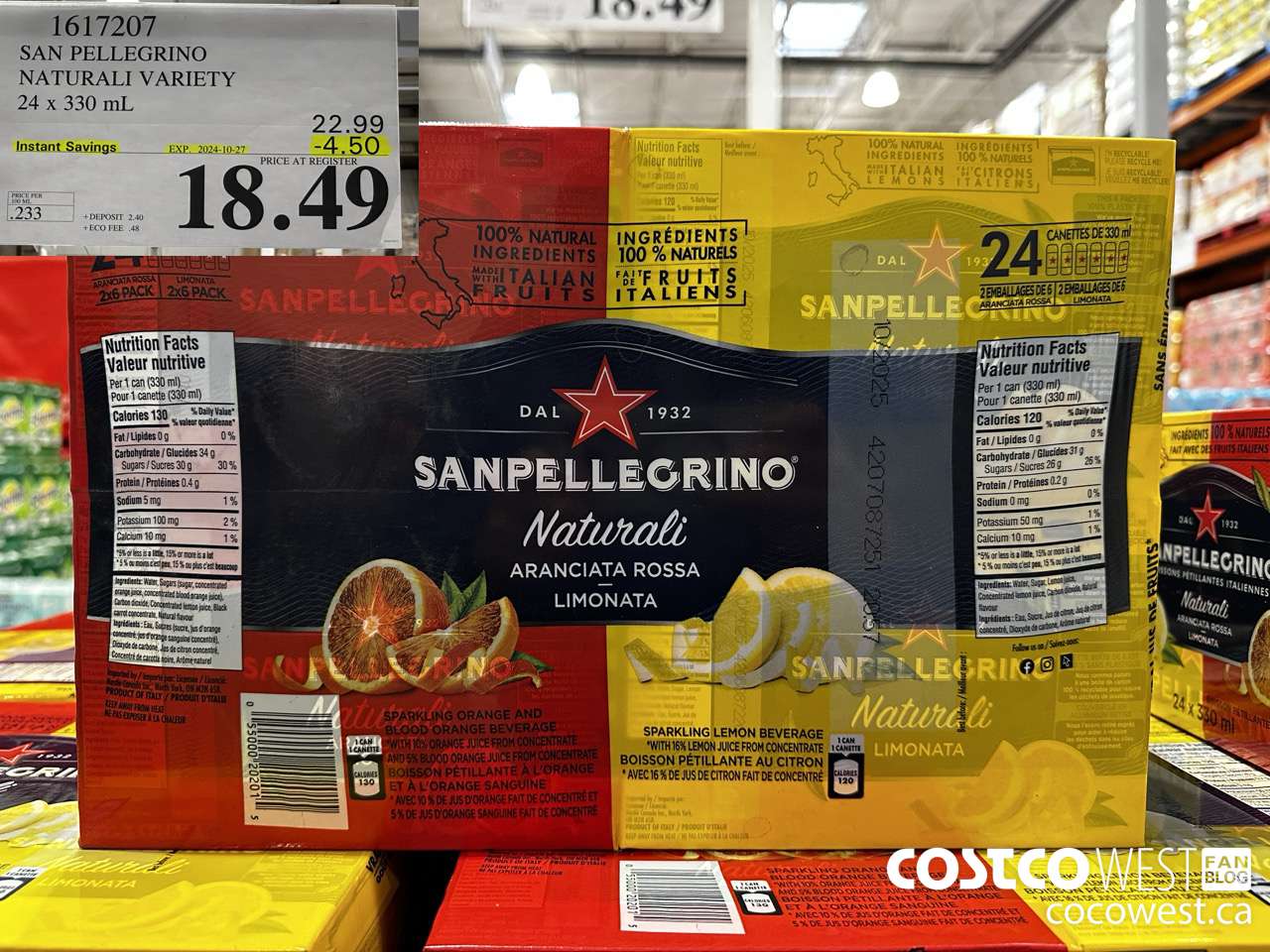 1617207 SAN PELLEGRINO NATURALI VARIETY 24 x 330 mL ($4.50 INSTANT SAVINGS EXPIRES ON 2024-10-27) $18.49