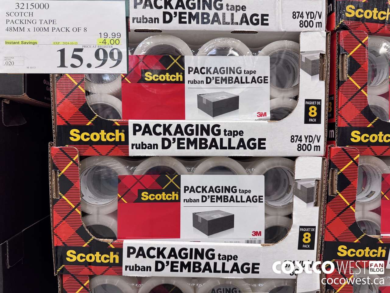 3215000 SCOTCH PACKING TAPE 48MM x 100M PACK OF 8 ($4.00 INSTANT SAVINGS EXPIRES ON 2024-10-13) $15.99