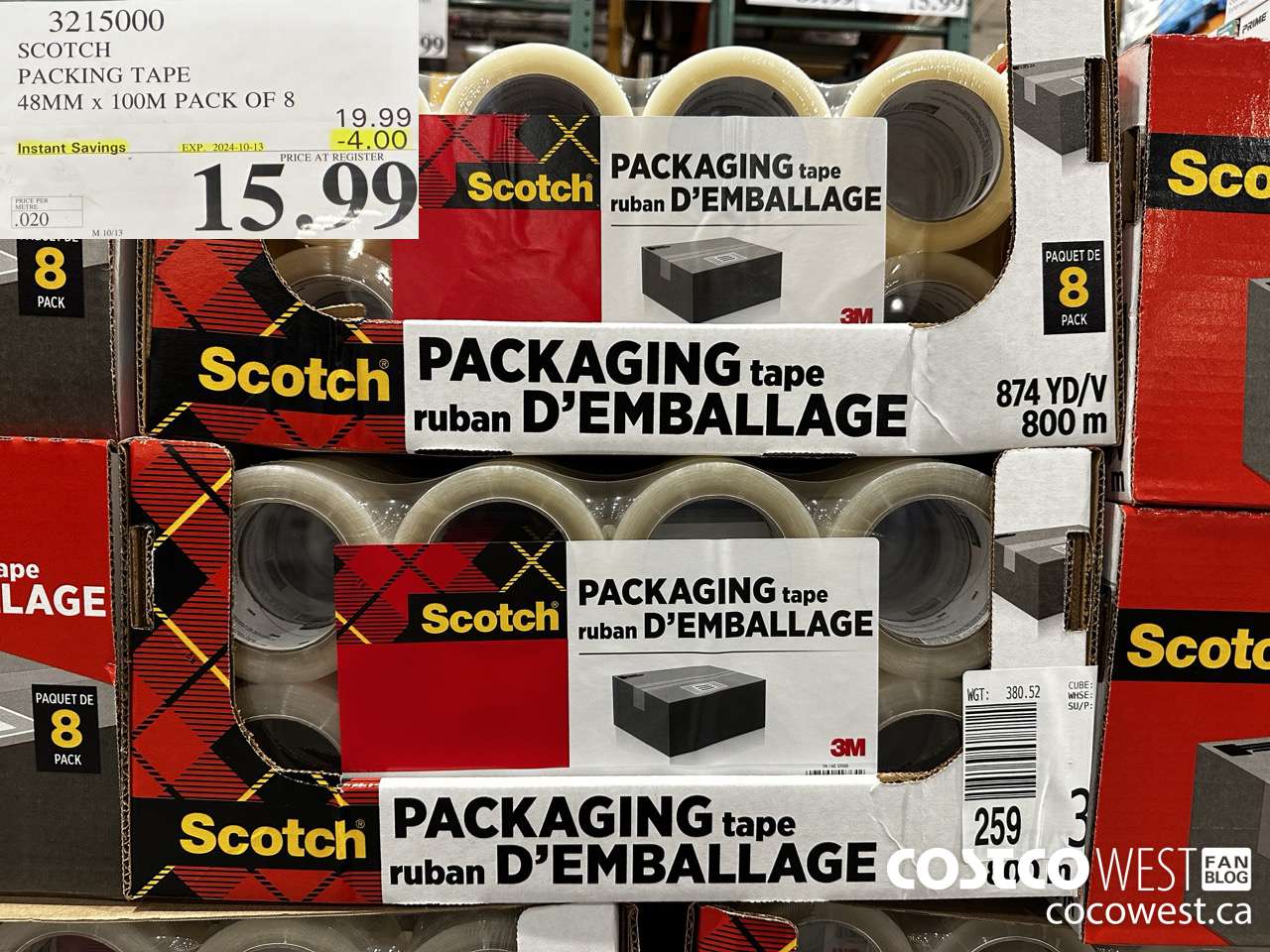 3215000 SCOTCH PACKING TAPE 48MM x 100M PACK OF 8 ($4.00 INSTANT SAVINGS EXPIRES ON 2024-10-13) $15.99