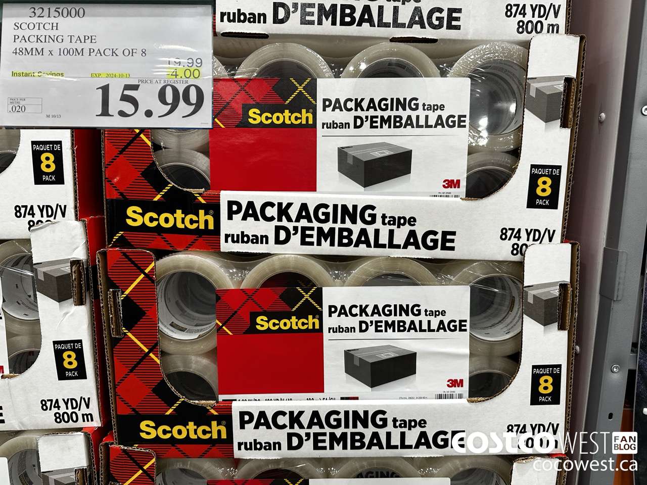 3215000 SCOTCH PACKING TAPE 48MM x 100M PACK OF 8 ($4.00 INSTANT SAVINGS EXPIRES ON 2024-10-13) $15.99
