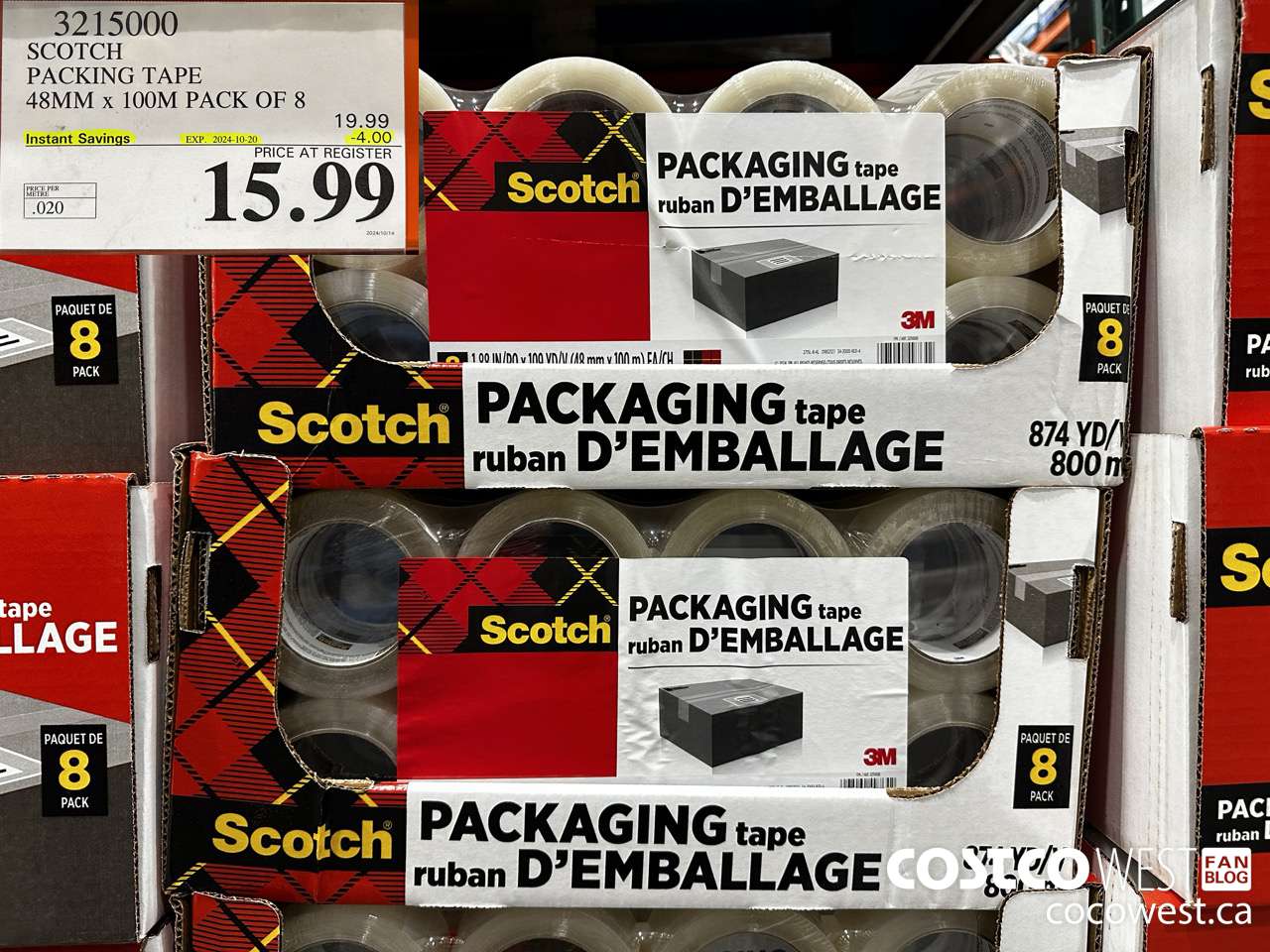 3215000 SCOTCH PACKING TAPE 48MM x 100M PACK OF 8 ($4.00 INSTANT SAVINGS EXPIRES ON 2024-10-20) $15.99