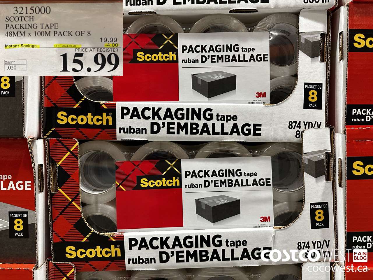 3215000 SCOTCH PACKING TAPE 48MM x 100M PACK OF 8 ($4.00 INSTANT SAVINGS EXPIRES ON 2024-10-20) $15.99