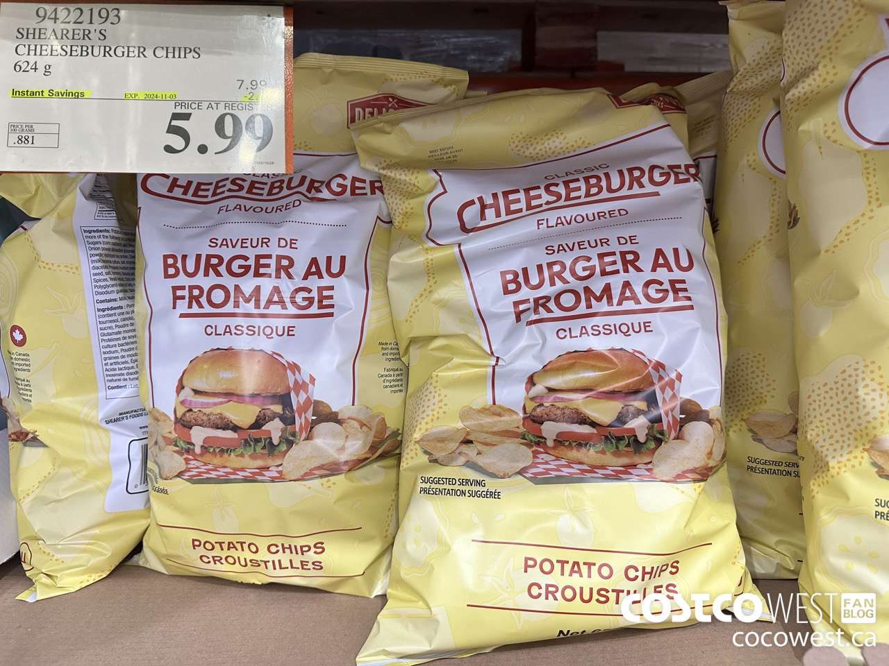 9422193 SHEARER'S CHEESEBURGER CHIPS 624G ($2.00 INSTANT SAVINGS EXPIRES ON 2024-11-03) $5.99