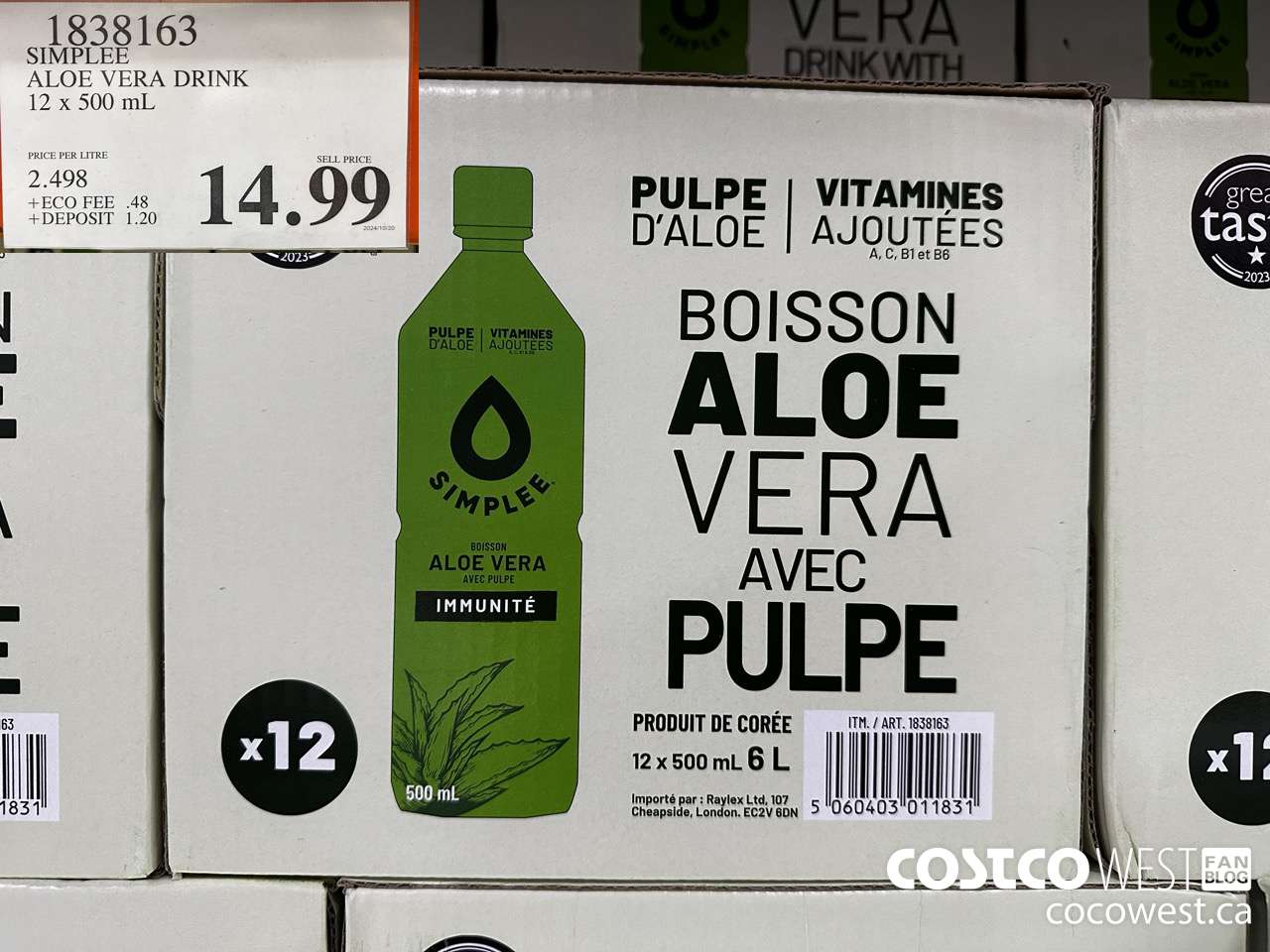 1838163 SIMPLEE ALOE VERA DRINK 12 X 500ML $14.99