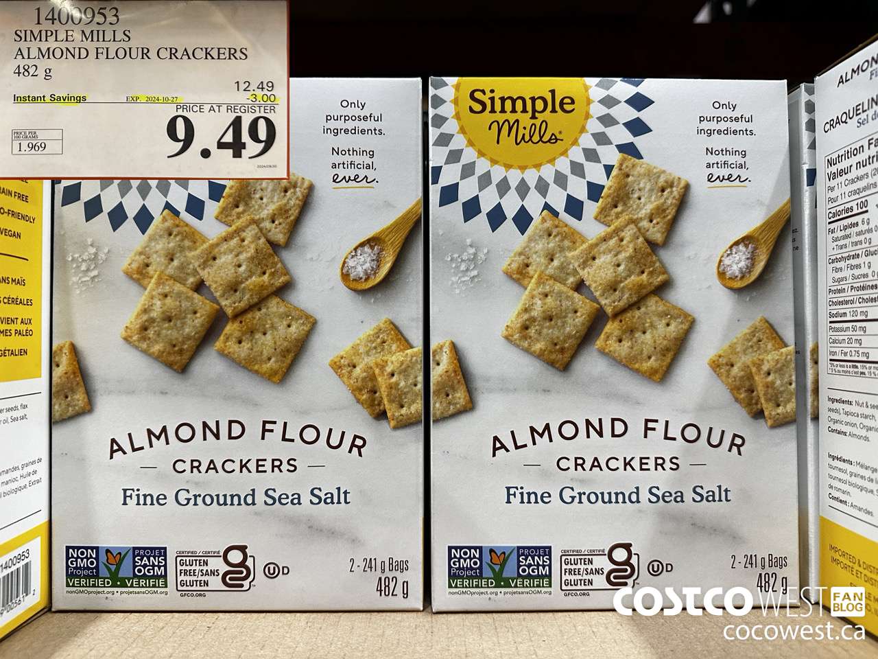 1400953 SIMPLE MILLS ALMOND FLOUR CRACKERS 482 g ($3.00 INSTANT SAVINGS EXPIRES ON 2024-10-27) $9.49