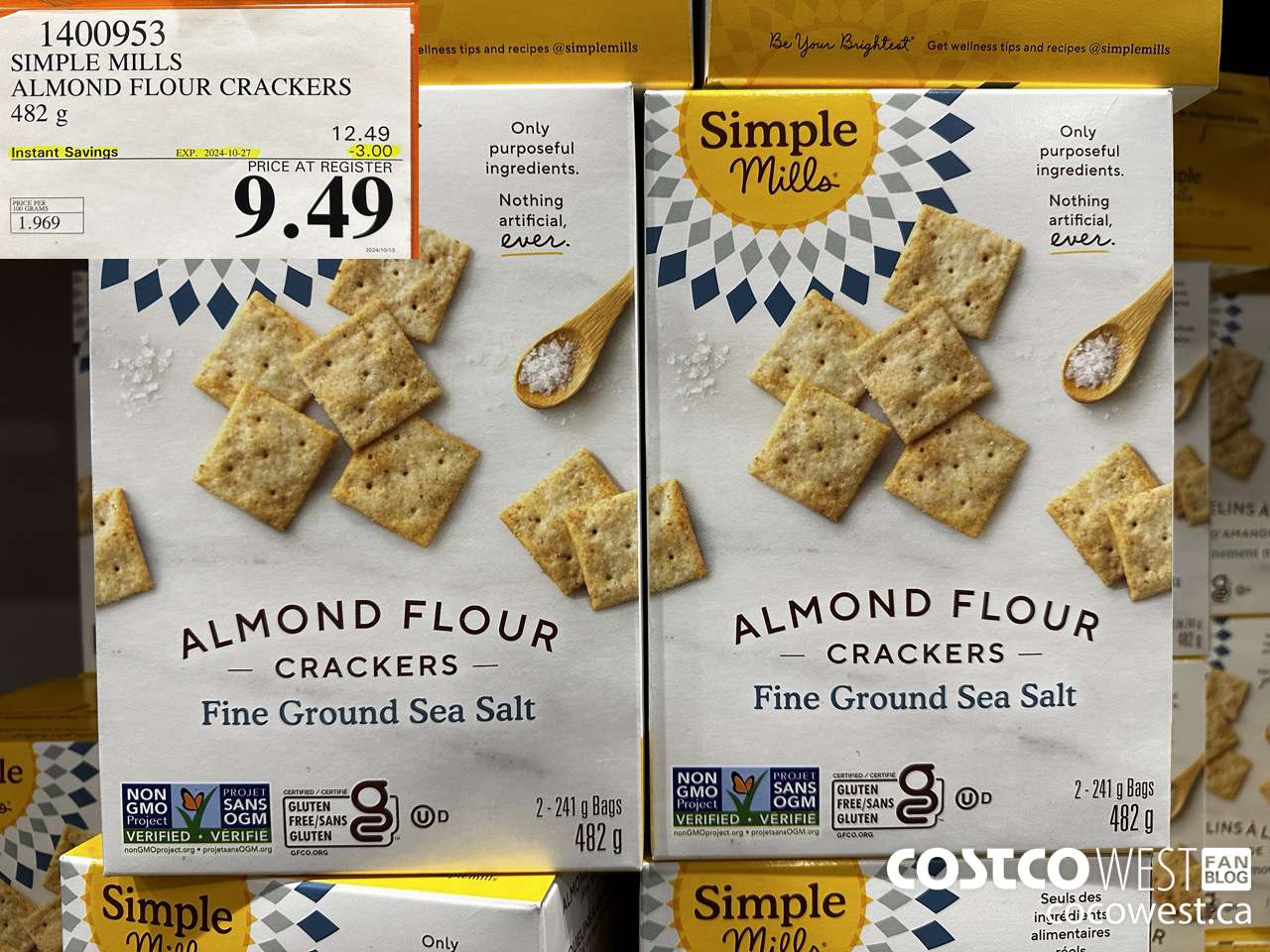 1400953 SIMPLE MILLS ALMOND FLOUR CRACKERS 482 g ($3.00 INSTANT SAVINGS EXPIRES ON 2024-10-27) $9.49
