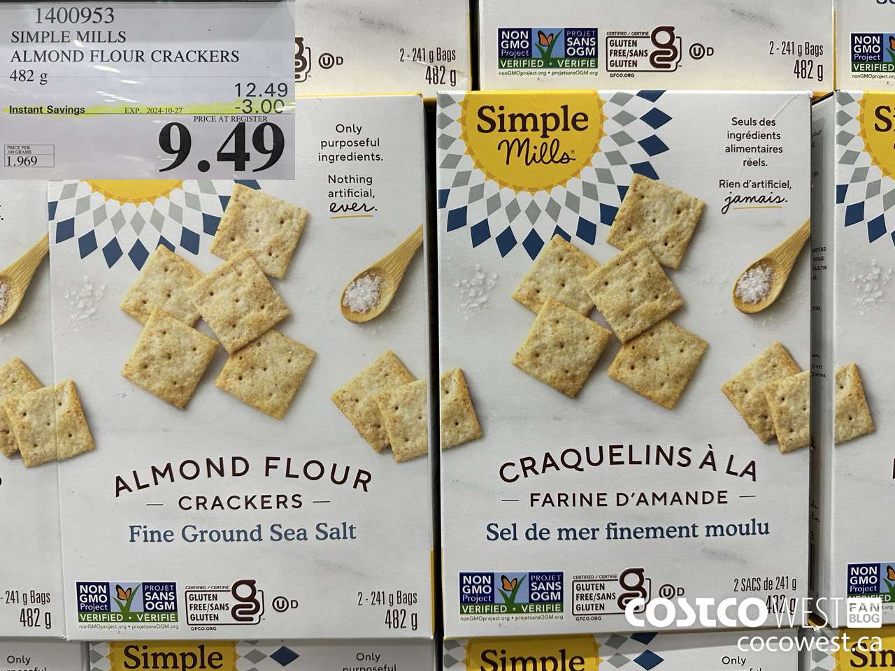 1400953 SIMPLE MILLS ALMOND FLOUR CRACKERS 482 g ($3.00 INSTANT SAVINGS EXPIRES ON 2024-10-27) $9.49