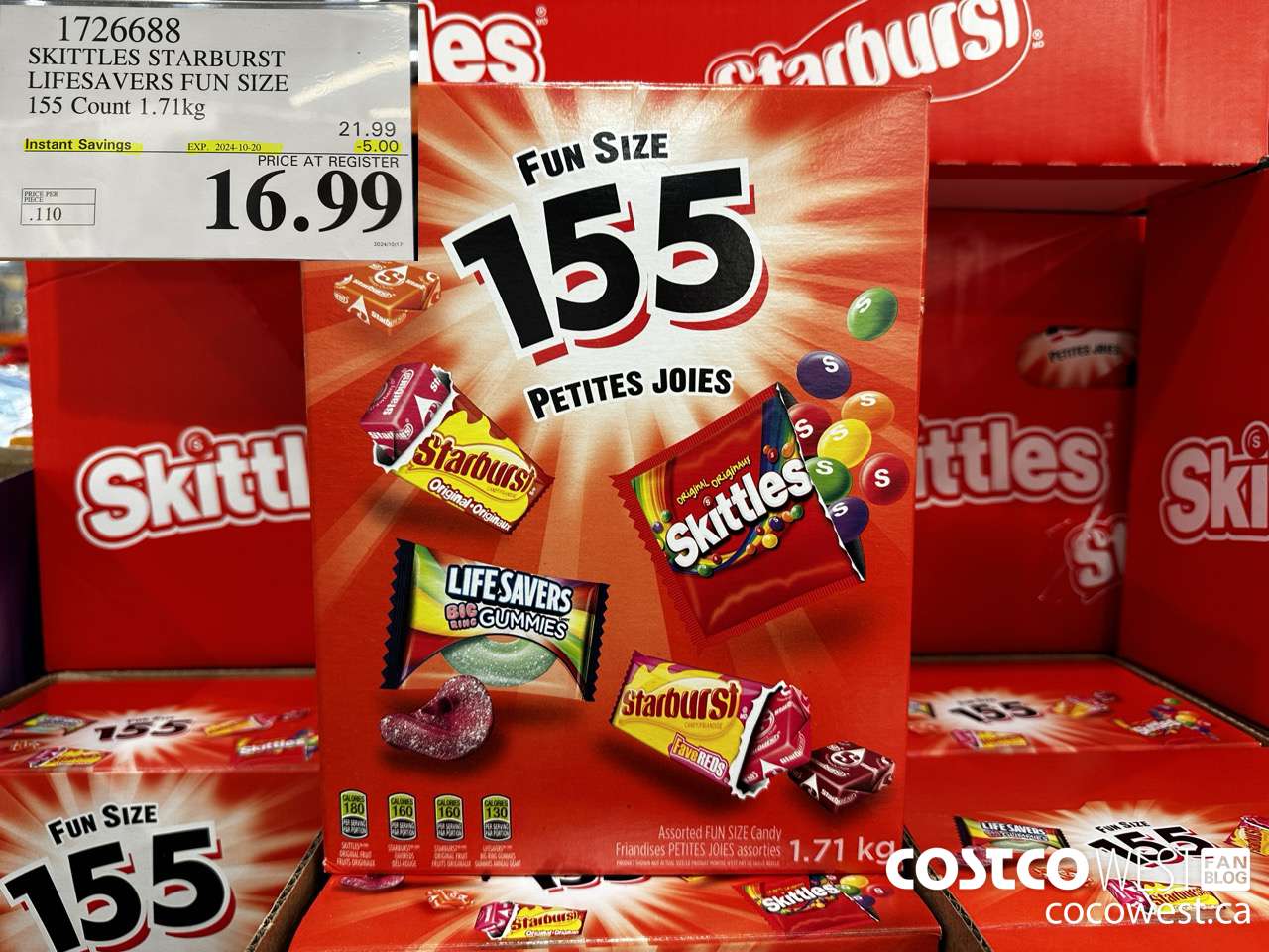 1726688 SKITTLES STARBURST LIFESAVERS FUN SIZE 155 COUNT 1.71KG ($5.00 INSTANT SAVINGS EXPIRES ON 2024-10-20) $16.99