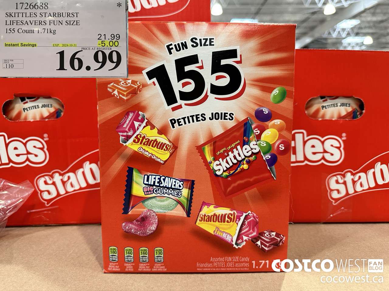 1726688 SKITTLES STARBURST LIFESAVERS FUN SIZE 155 COUNT 1.71KG ($5.00 INSTANT SAVINGS EXPIRES ON 2024-10-31) $16.99