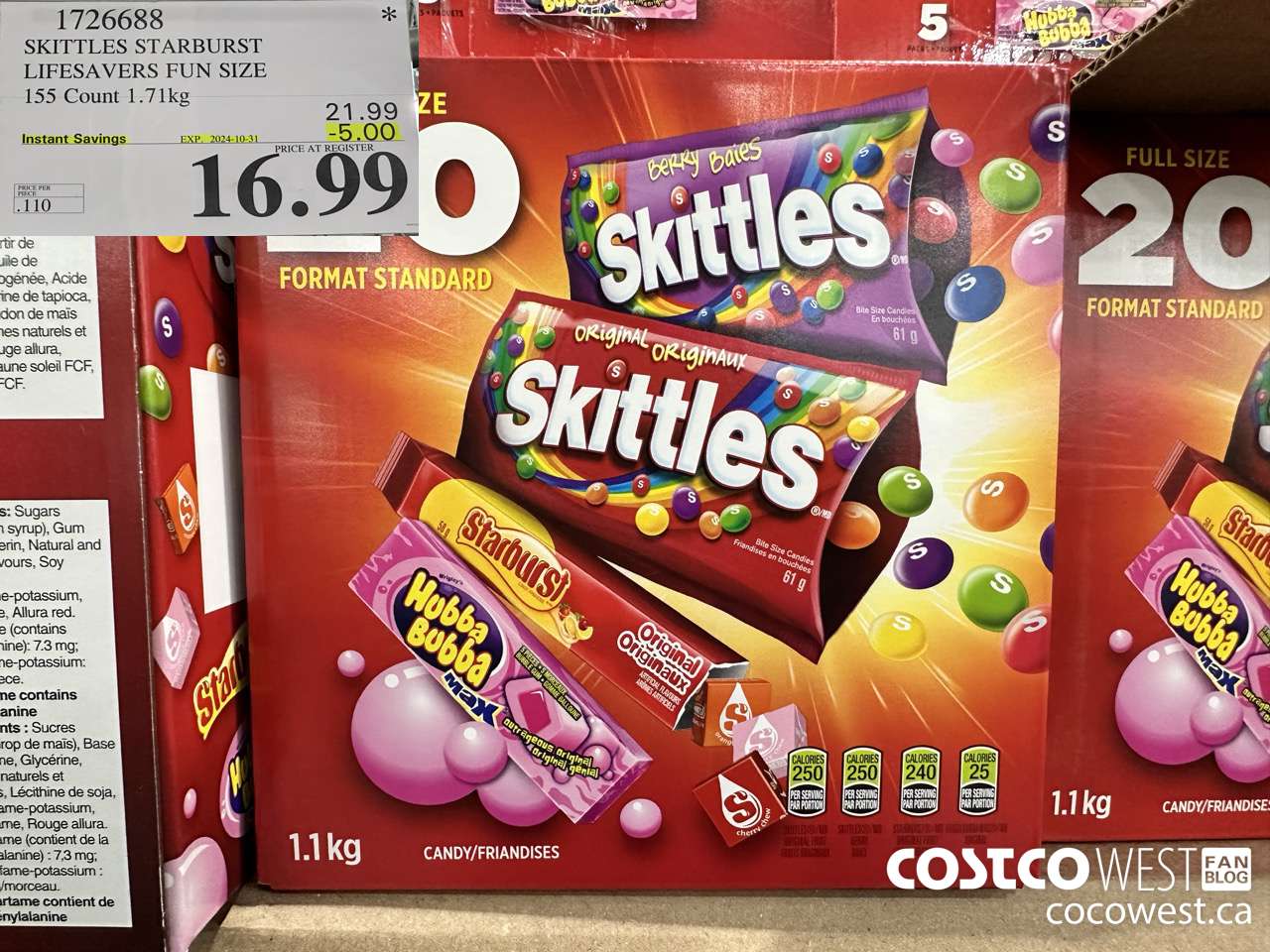 1726688 SKITTLES STARBURST LIFESAVERS FUN SIZE 155 COUNT 1.71KG ($5.00 INSTANT SAVINGS EXPIRES ON 2024-10-31) $16.99