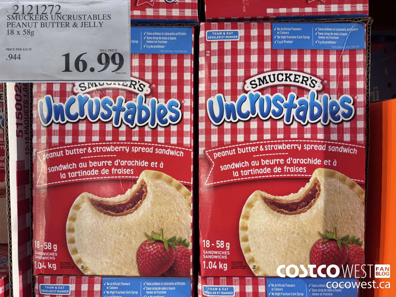 2121272 SMUCKERS UNCRUSTABLES PEANUT BUTTER & JELLY 18 X 58G $16.99