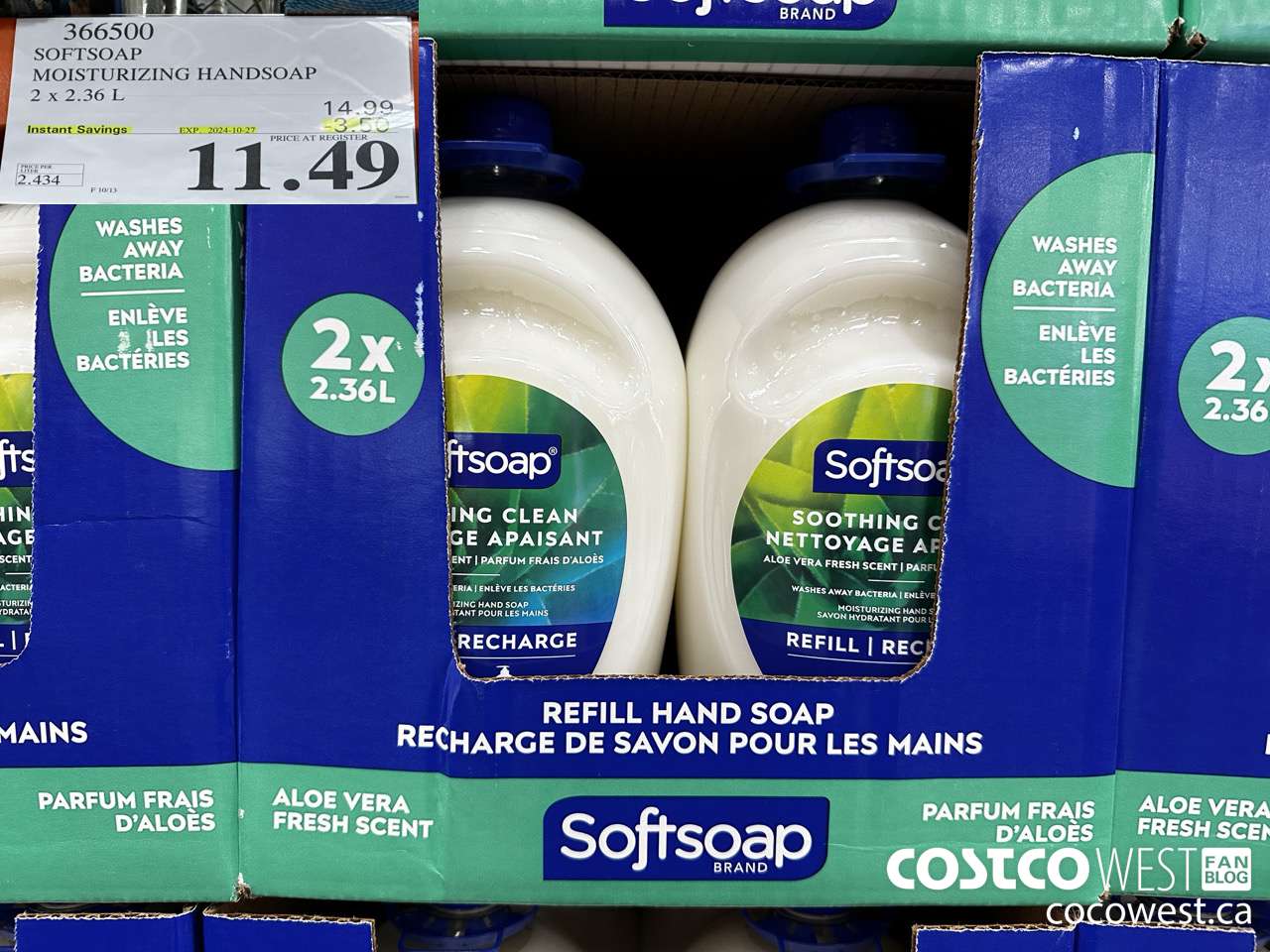 366500 SOFTSOAP HANDSOAP WITH ALOE 2 X 2.36L ($3.50 INSTANT SAVINGS EXPIRES ON 2024-10-27) $11.49