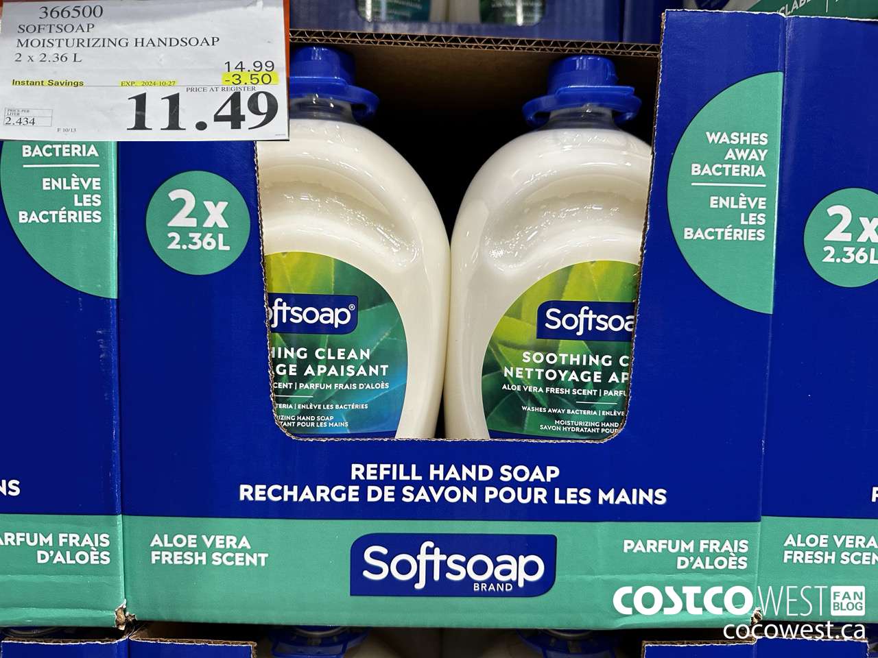 366500 SOFTSOAP HANDSOAP WITH ALOE 2 X 2.36L ($3.50 INSTANT SAVINGS EXPIRES ON 2024-10-27) $11.49