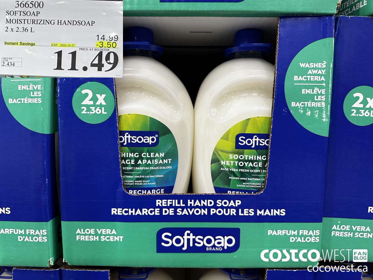366500 SOFTSOAP HANDSOAP WITH ALOE 2 X 2.36L ($3.50 INSTANT SAVINGS EXPIRES ON 2024-10-27) $11.49