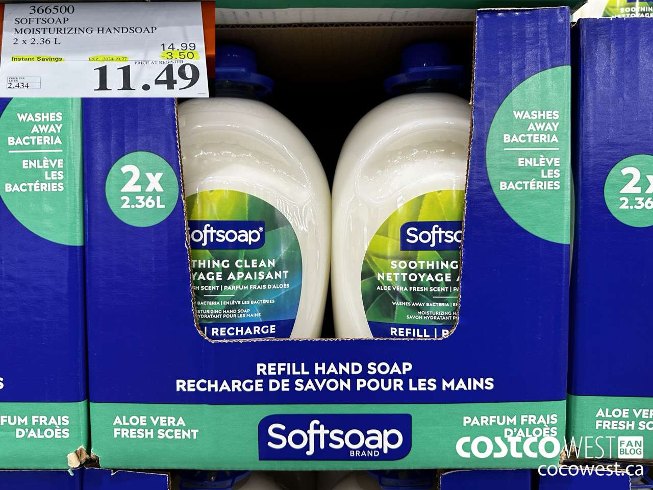 366500 SOFTSOAP HANDSOAP WITH ALOE 2 X 2.36L ($3.50 INSTANT SAVINGS EXPIRES ON 2024-10-27) $11.49