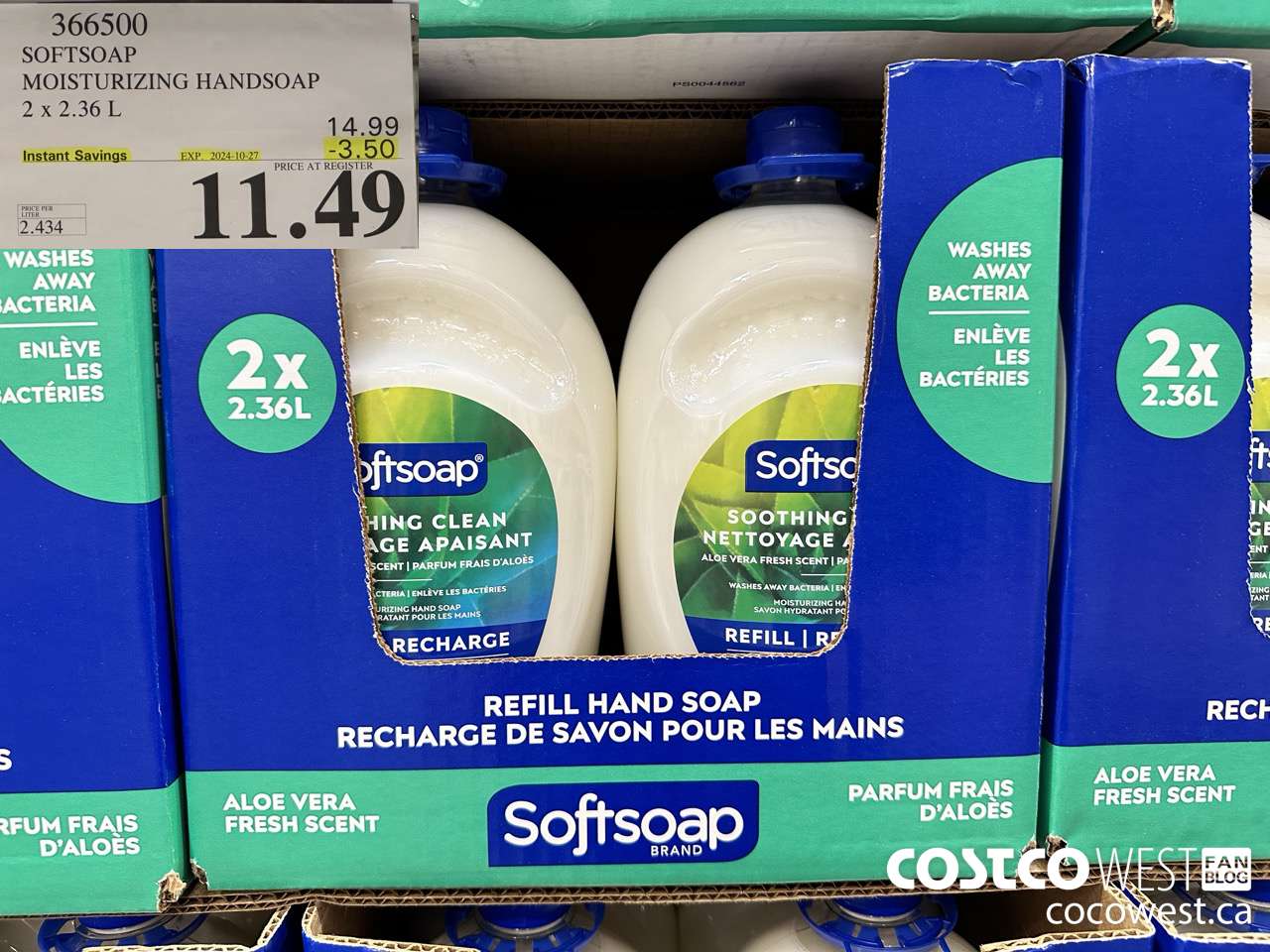 366500 SOFTSOAP HANDSOAP WITH ALOE 2 X 2.36L ($3.50 INSTANT SAVINGS EXPIRES ON 2024-10-27) $11.49