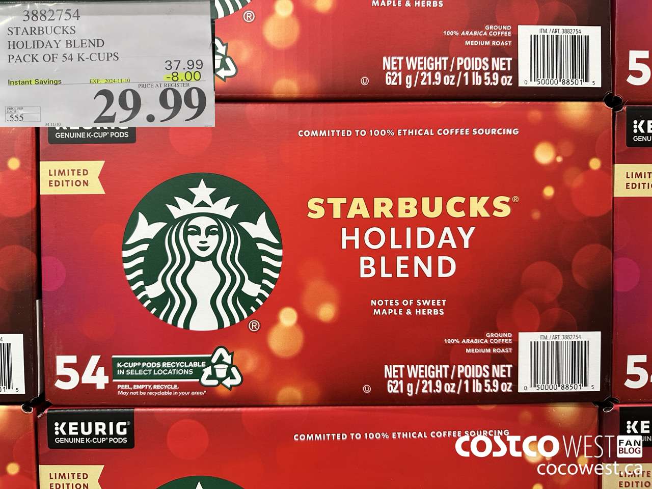 3882754 STARBUCKS HOLIDAY BLEND 54 K-CUPS ($8.00 INSTANT SAVINGS EXPIRES ON 2024-11-10) $29.99