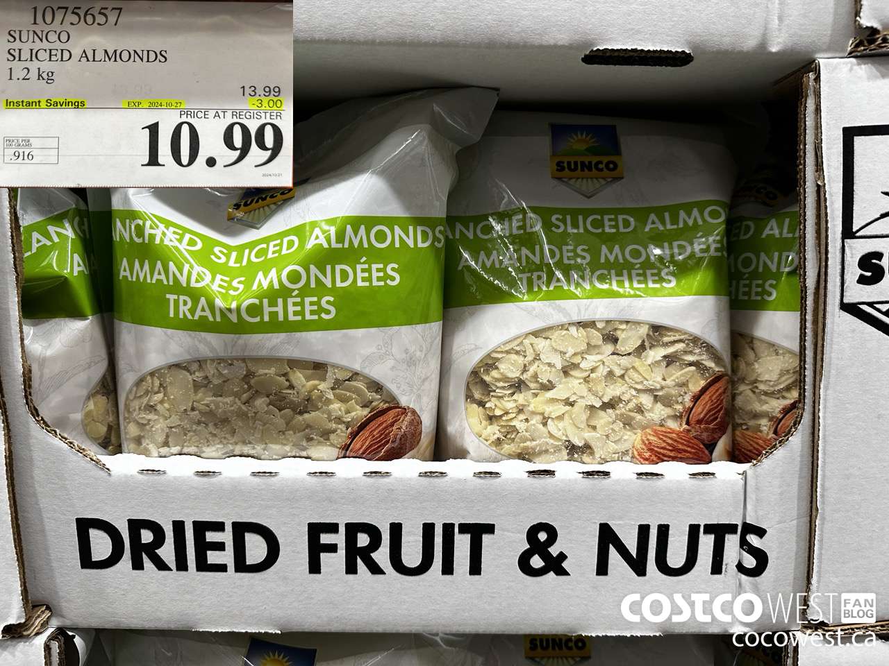 1075657 SUNCO SLICED ALMONDS 1.2 kg  ($3.00 INSTANT SAVINGS EXPIRES ON 2024-10-27) $10.99