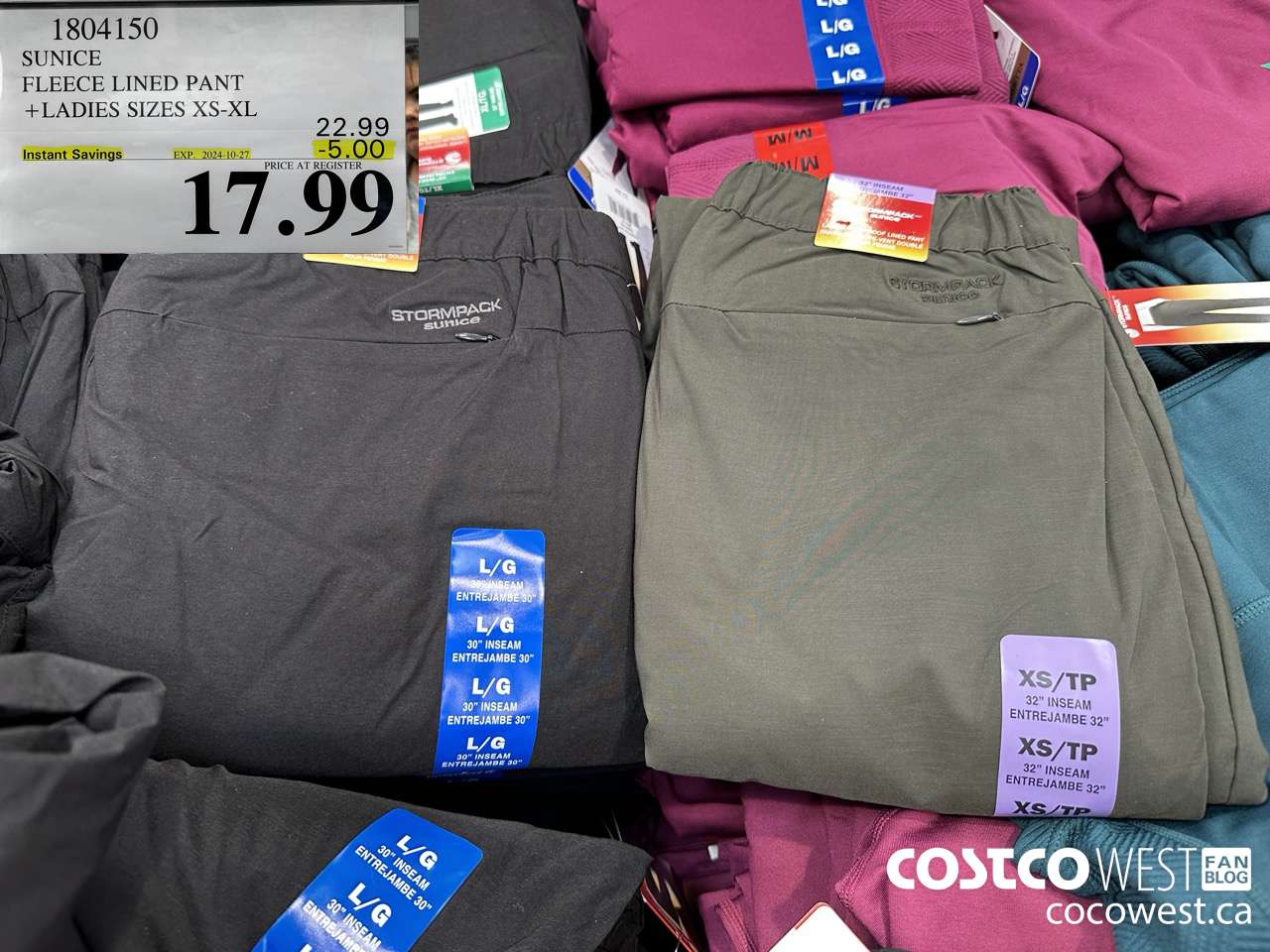 1804150 SUNICE FLEECE LINED PANT LADIES SIZES XS-XL ($5.00 INSTANT SAVINGS EXPIRES ON 2024-10-27) $17.99