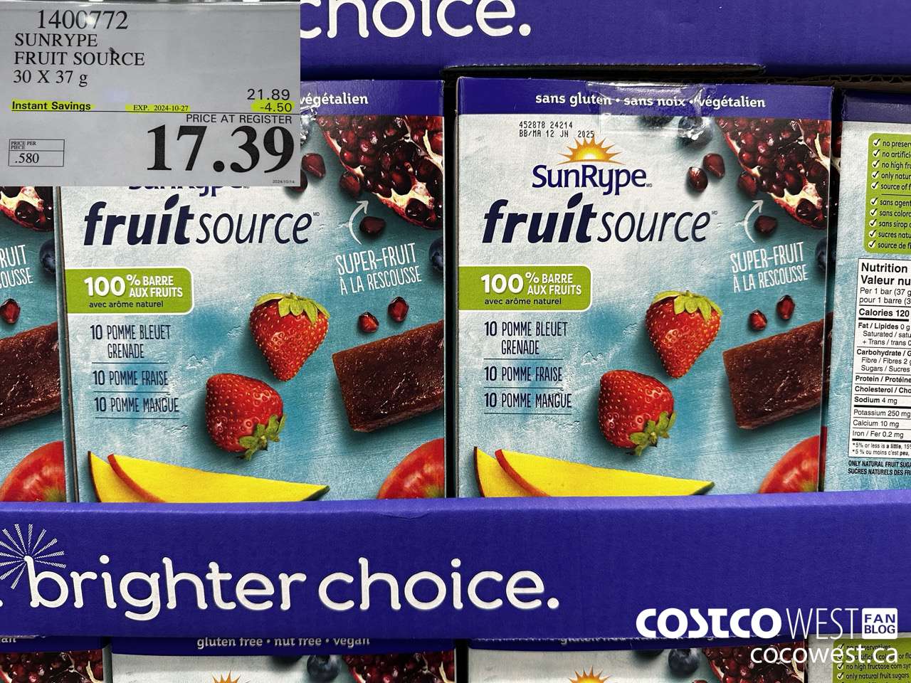 1400772 SUNRYPE FRUIT SOURCE 30 X 37 G ($4.50 INSTANT SAVINGS EXPIRES ON 2024-10-27) $17.39