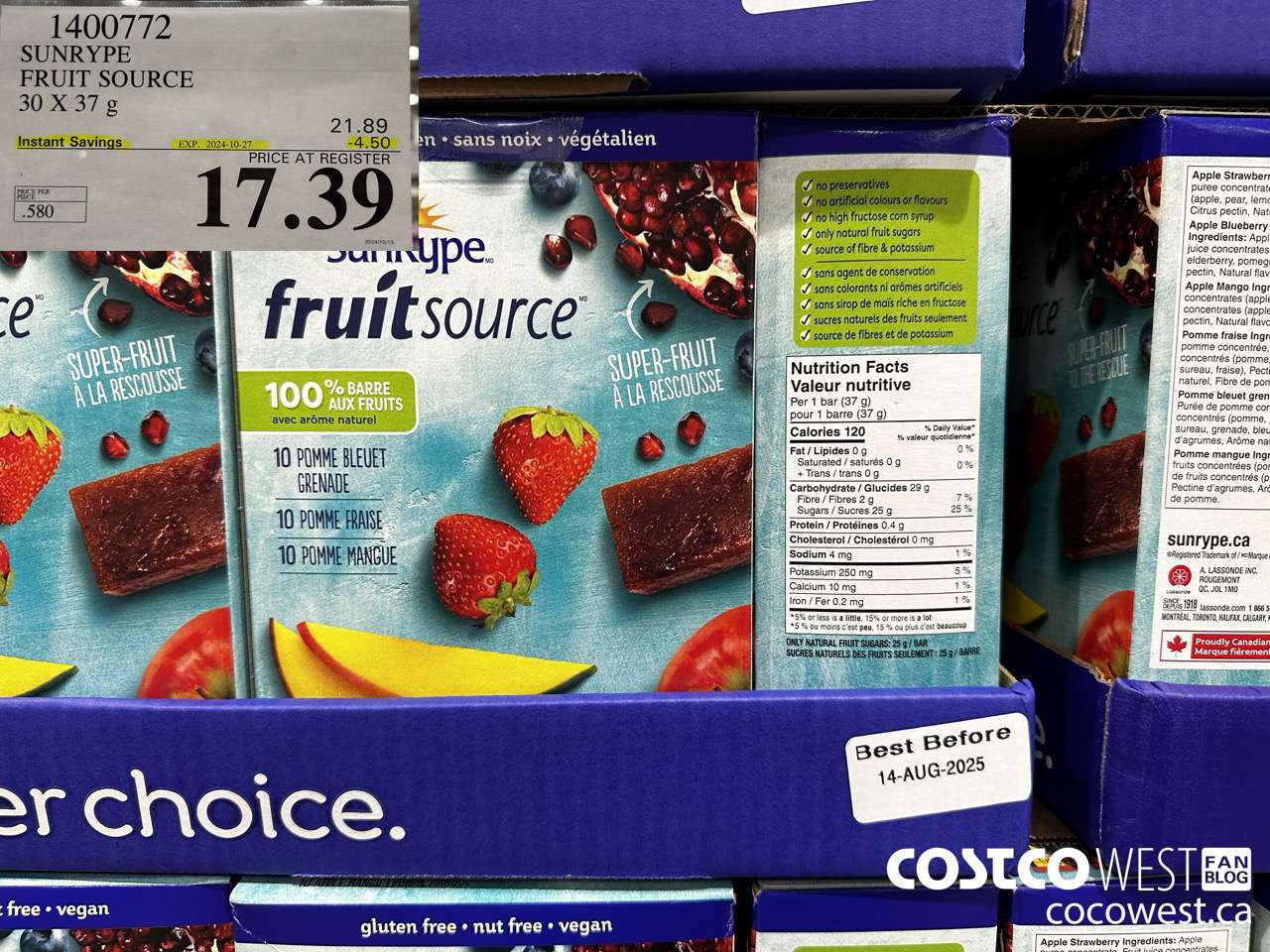 1400772 SUNRYPE FRUIT SOURCE 30 X 37 G ($4.50 INSTANT SAVINGS EXPIRES ON 2024-10-27) $17.39