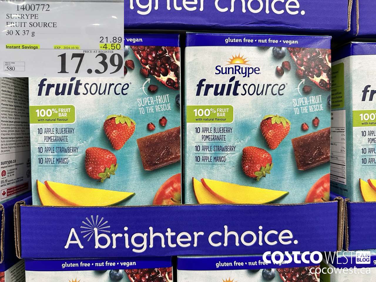 1400772 SUNRYPE FRUIT SOURCE 30 X 37 G ($4.50 INSTANT SAVINGS EXPIRES ON 2024-10-30) $17.39