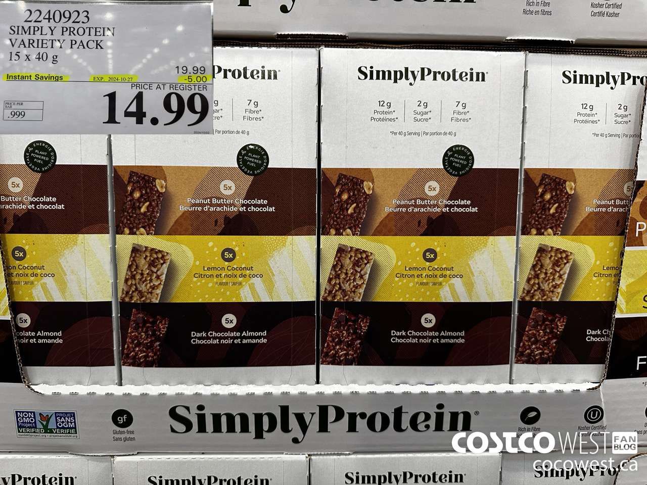 2240923 THE SIMPLY BAR PROTEIN BARS 15 x 40 g ($5.00 INSTANT SAVINGS EXPIRES ON 2024-10-27) $14.99