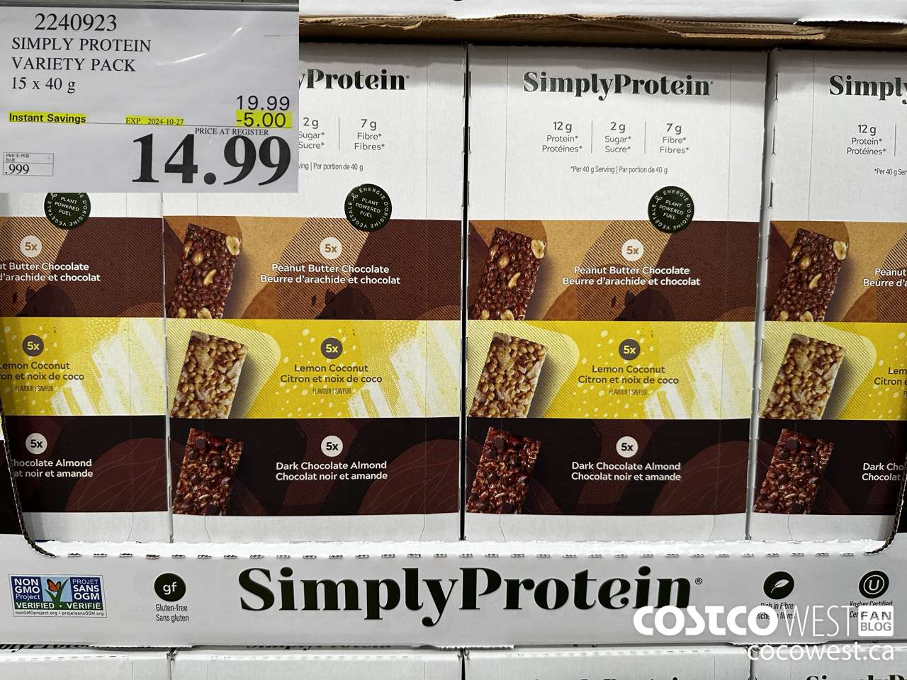 2240923 THE SIMPLY BAR PROTEIN BARS 15 x 40 g ($5.00 INSTANT SAVINGS EXPIRES ON 2024-10-27) $14.99