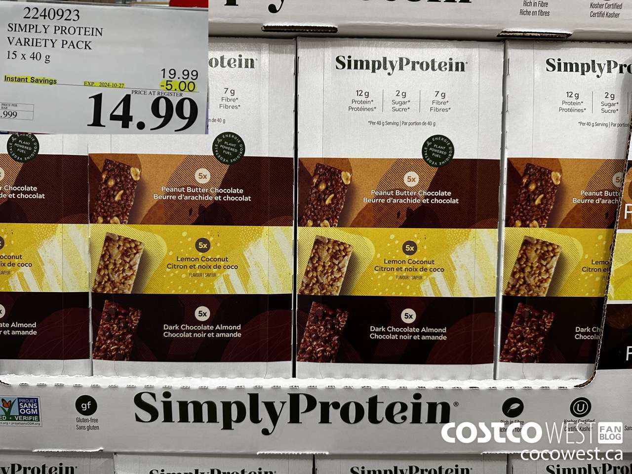 2240923 THE SIMPLY BAR PROTEIN BARS 15 x 40 g ($5.00 INSTANT SAVINGS EXPIRES ON 2024-10-27) $14.99