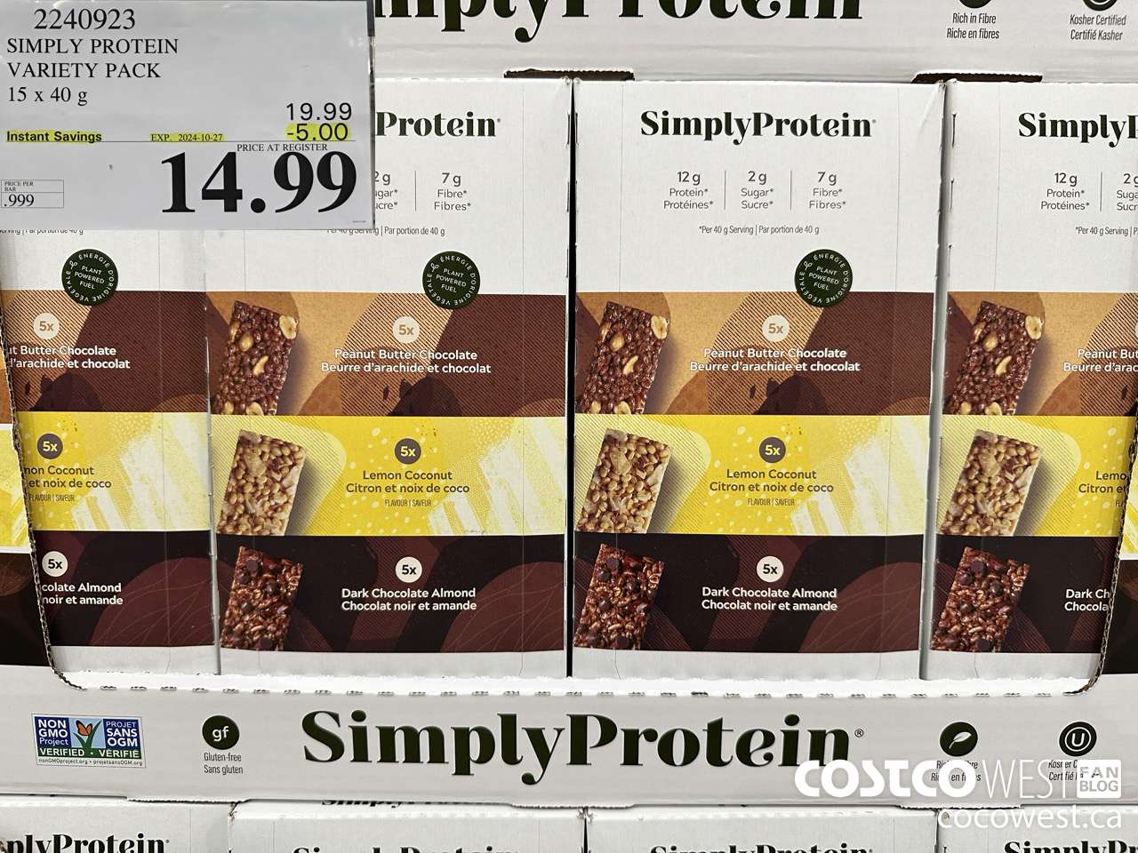 2240923 THE SIMPLY BAR PROTEIN BARS 15 x 40 g ($5.00 INSTANT SAVINGS EXPIRES ON 2024-10-27) $14.99