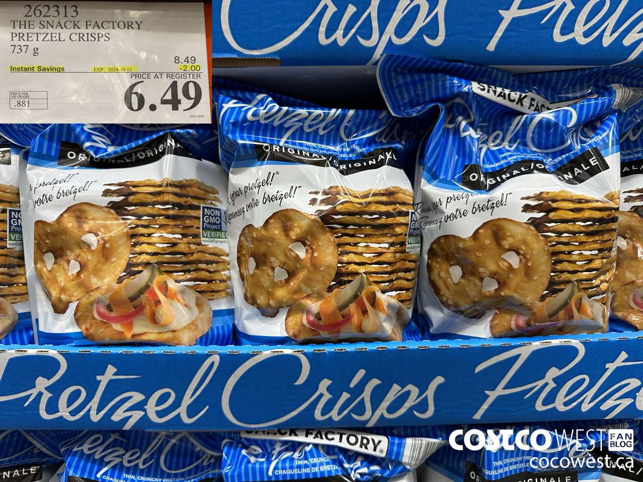 262313 THE SNACK FACTORY PRETZEL CRISPS 737 g ($2.00 INSTANT SAVINGS EXPIRES ON 2024-10-13) $6.49