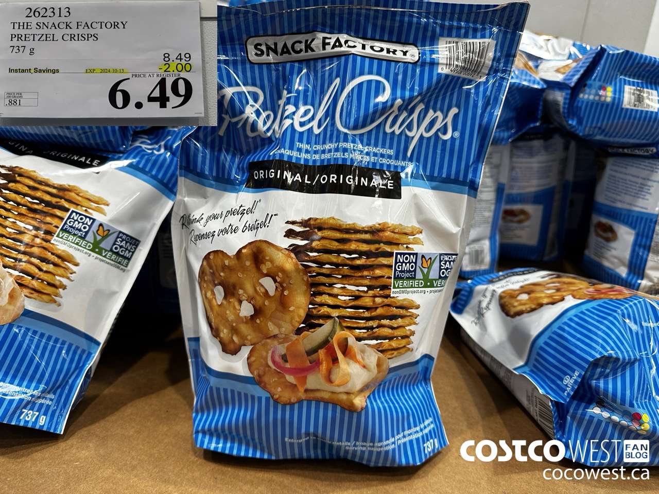 262313 THE SNACK FACTORY PRETZEL CRISPS 737 g ($2.00 INSTANT SAVINGS EXPIRES ON 2024-10-13) $6.49